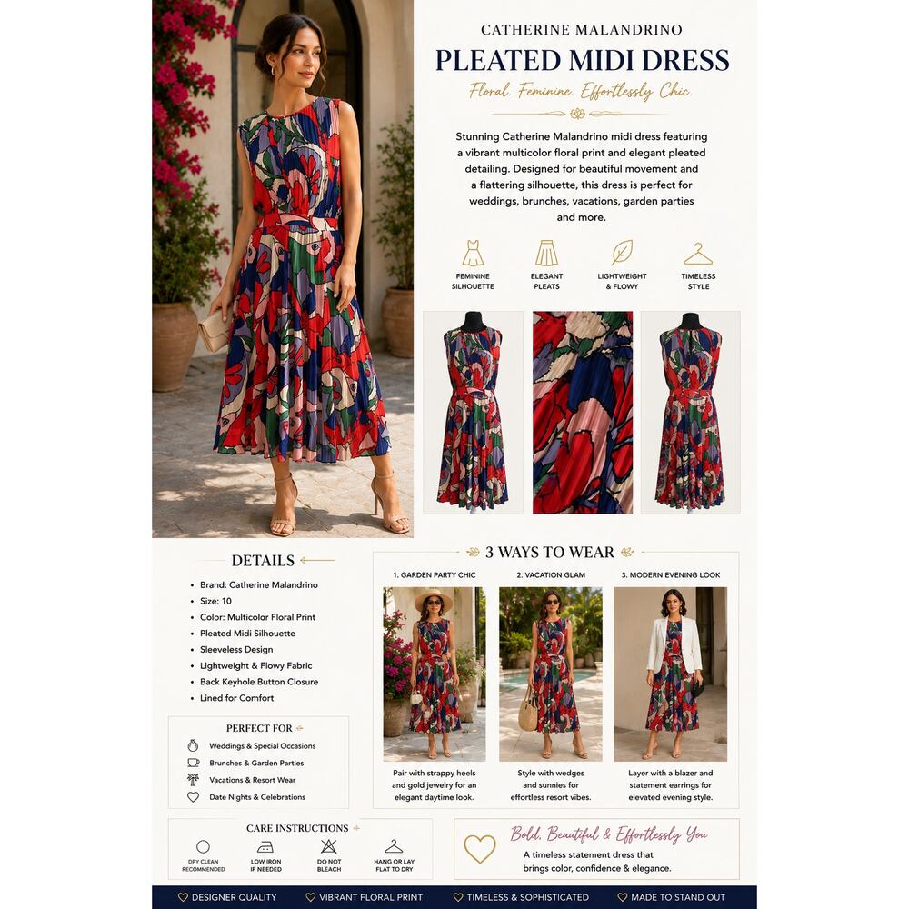 Catherine Malandrino Pleated Floral Midi Dress Size 10 Colorful Designer Career - Picture 2 of 10
